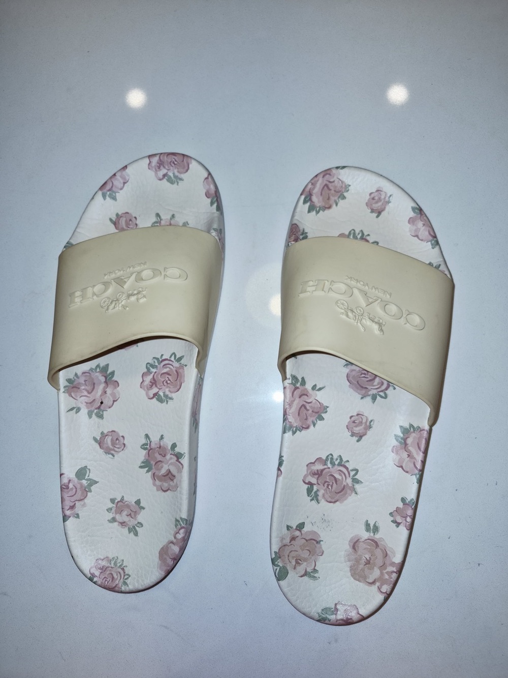 Coach Beige Strap Floral Slide Sandals with Pink Rose Print size 9